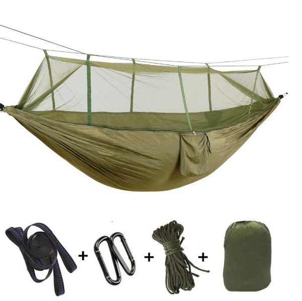 Outdoor Parachute Cloth Hammock Couble with Mosquito Net Light Portable Army Green Insect-proof Camping Aerial Tent